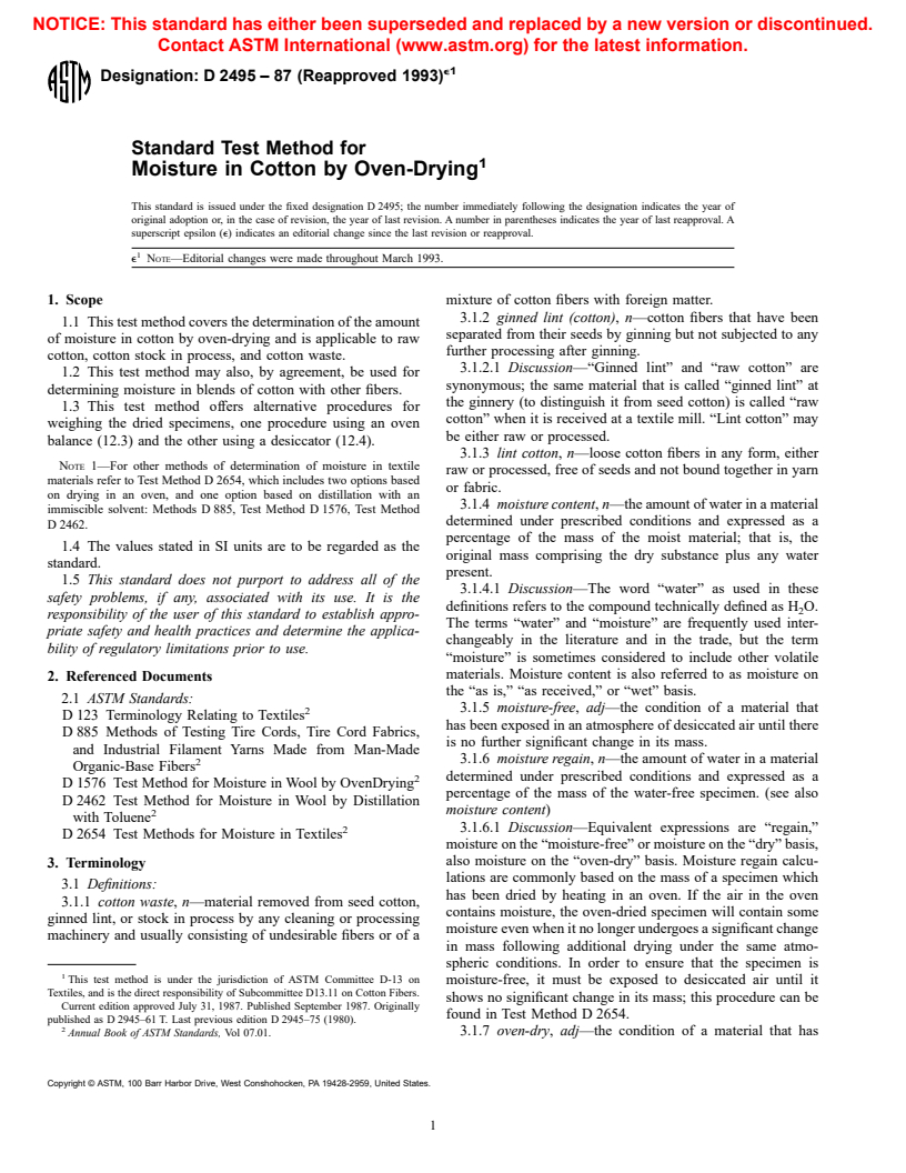 ASTM D2495-87(1993)e1 - Standard Test Method for Moisture in Cotton by Oven-Drying