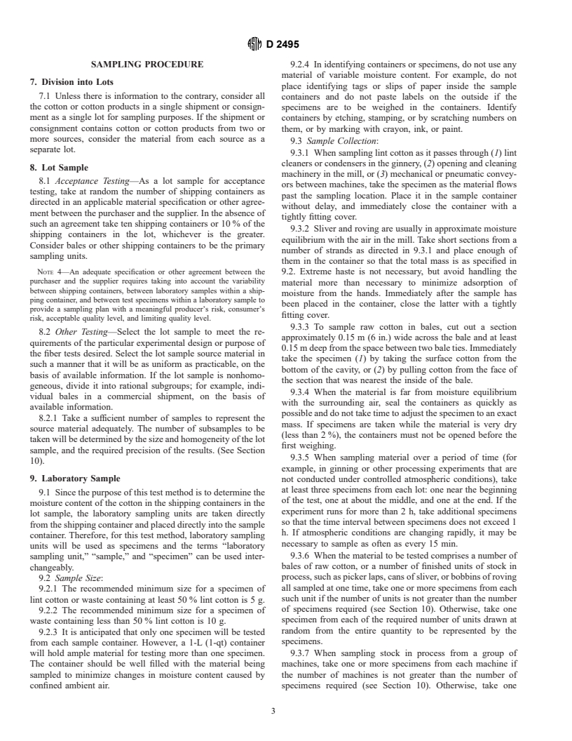 ASTM D2495-87(1993)e1 - Standard Test Method for Moisture in Cotton by Oven-Drying