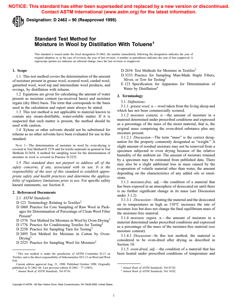 ASTM D2462-90(1995) - Standard Test Method for Moisture in Wool by Distillation With Toluene