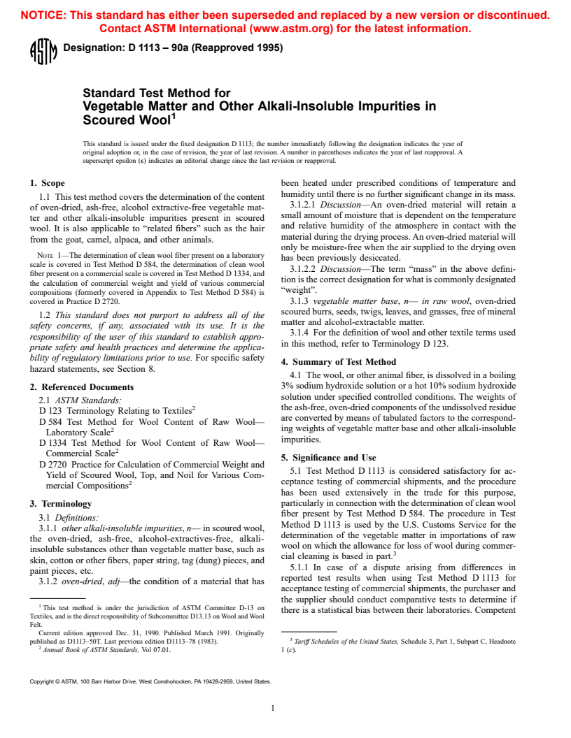 ASTM D1113-90a(1995) - Standard Test Method for Vegetable Matter and Other Alkali-Insoluble Impurities in Scoured Wool