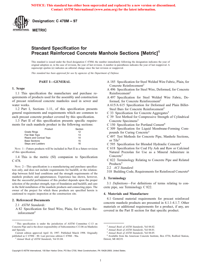 ASTM C478M-97 - Standard Specification for Precast Reinforced Concrete Manhole Sections [Metric]