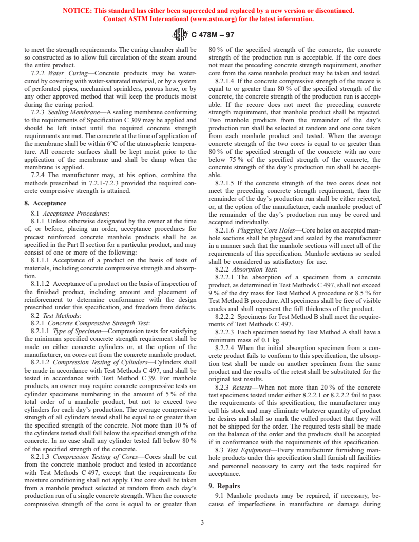 ASTM C478M-97 - Standard Specification for Precast Reinforced Concrete Manhole Sections [Metric]