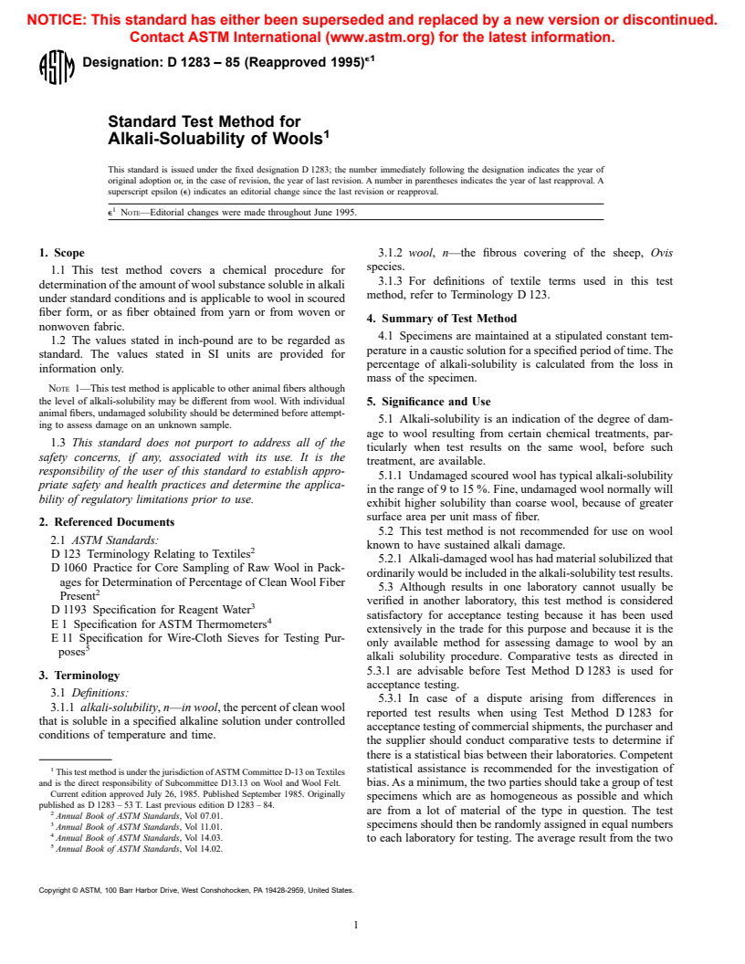 ASTM D1283-85(1995)e1 - Standard Test Method for Alkali-Soluability of Wools