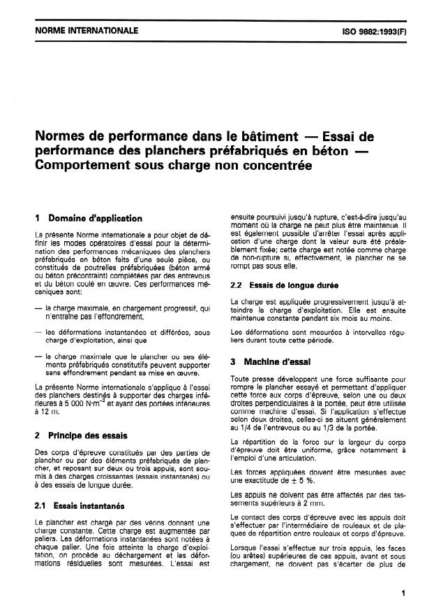 ISO 9882:1993 - Normes de performance dans le bâtiment -- Essai de performance des planchers préfabriqués en béton -- Comportement sous charge non concentrée
