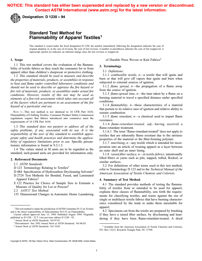 ASTM D1230-94 - Standard Test Method for Flammability of Apparel Textiles