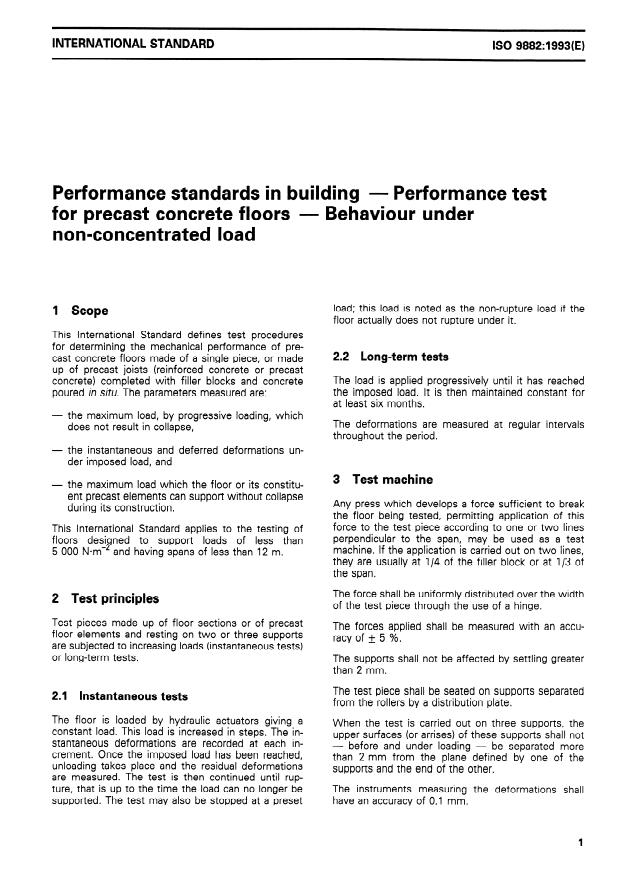 ISO 9882:1993 - Performance standards in building -- Performance test for precast concrete floors -- Behaviour under non-concentrated load