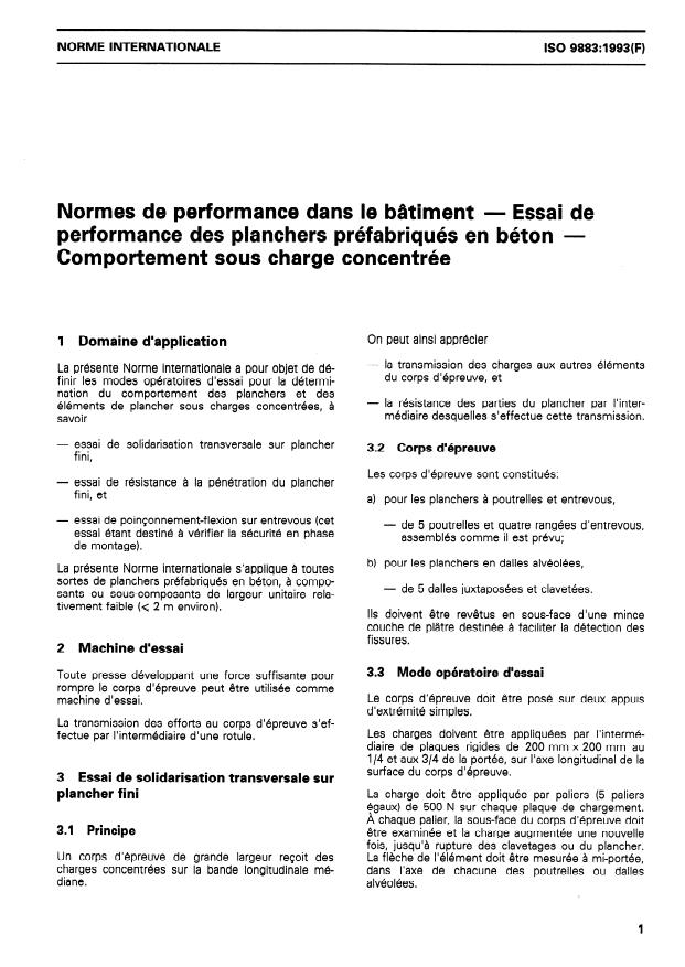 ISO 9883:1993 - Normes de performance dans le bâtiment -- Essai de performance des planchers préfabriqués en béton -- Comportement sous charge concentrée