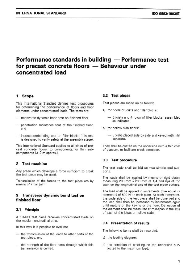 ISO 9883:1993 - Performance standards in building -- Performance test for precast concrete floors -- Behaviour under concentrated load