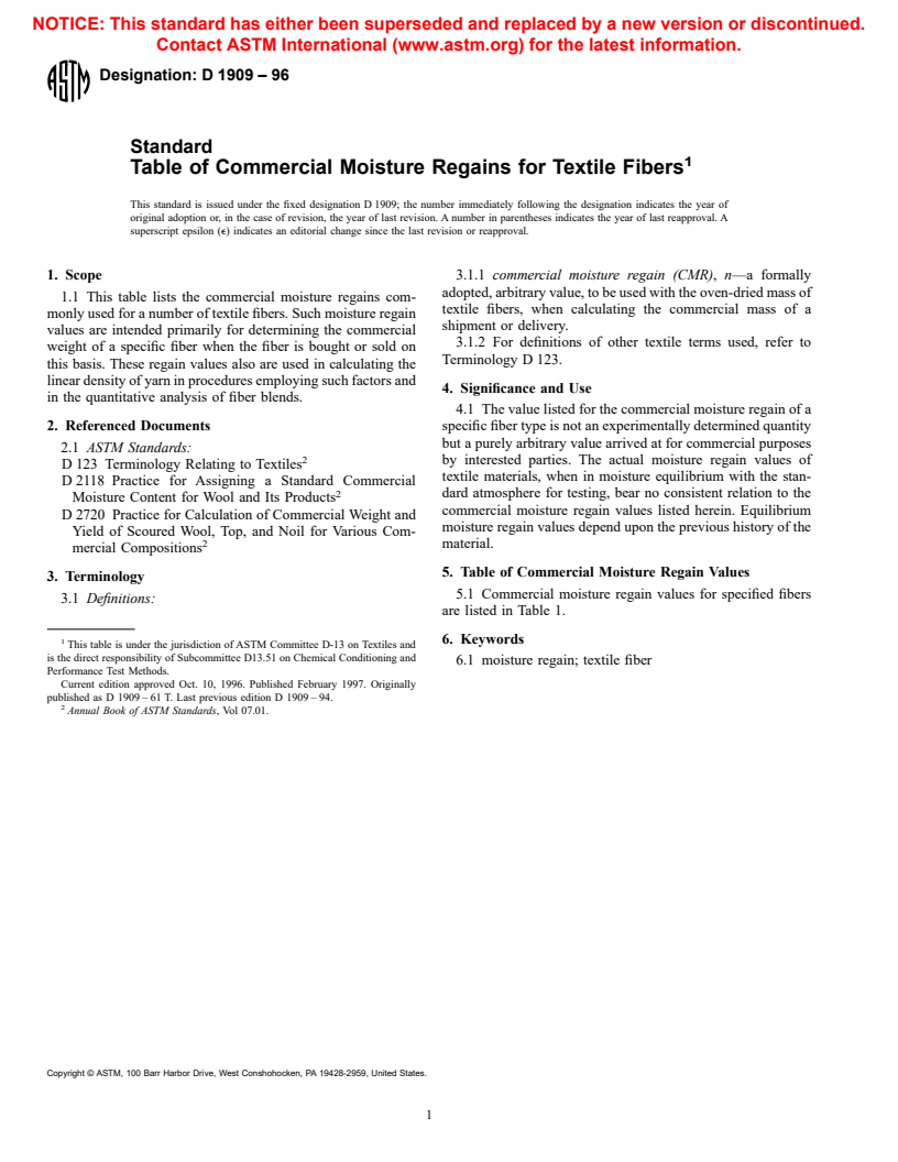 ASTM D1909-96 - Standard Table of Commercial Moisture Regains for Textile Fibers