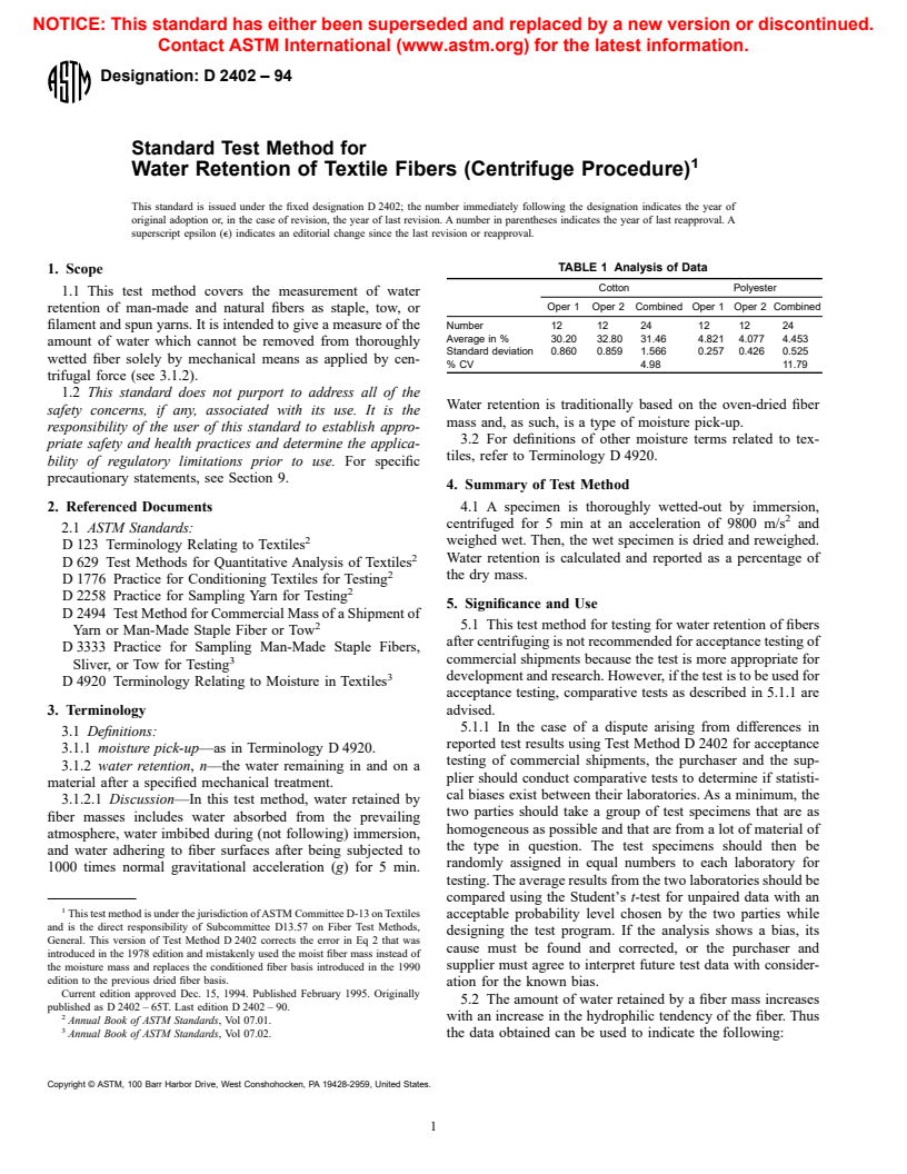 ASTM D2402-94 - Standard Test Method for Water Retention of Textile Fibers (Centrifuge Procedure)