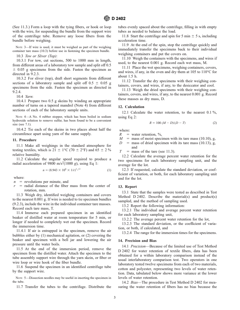 ASTM D2402-94 - Standard Test Method for Water Retention of Textile Fibers (Centrifuge Procedure)