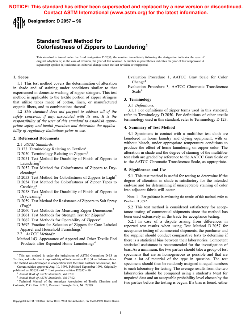 ASTM D2057-96 - Standard Test Method for Colorfastness of Zippers to Laundering