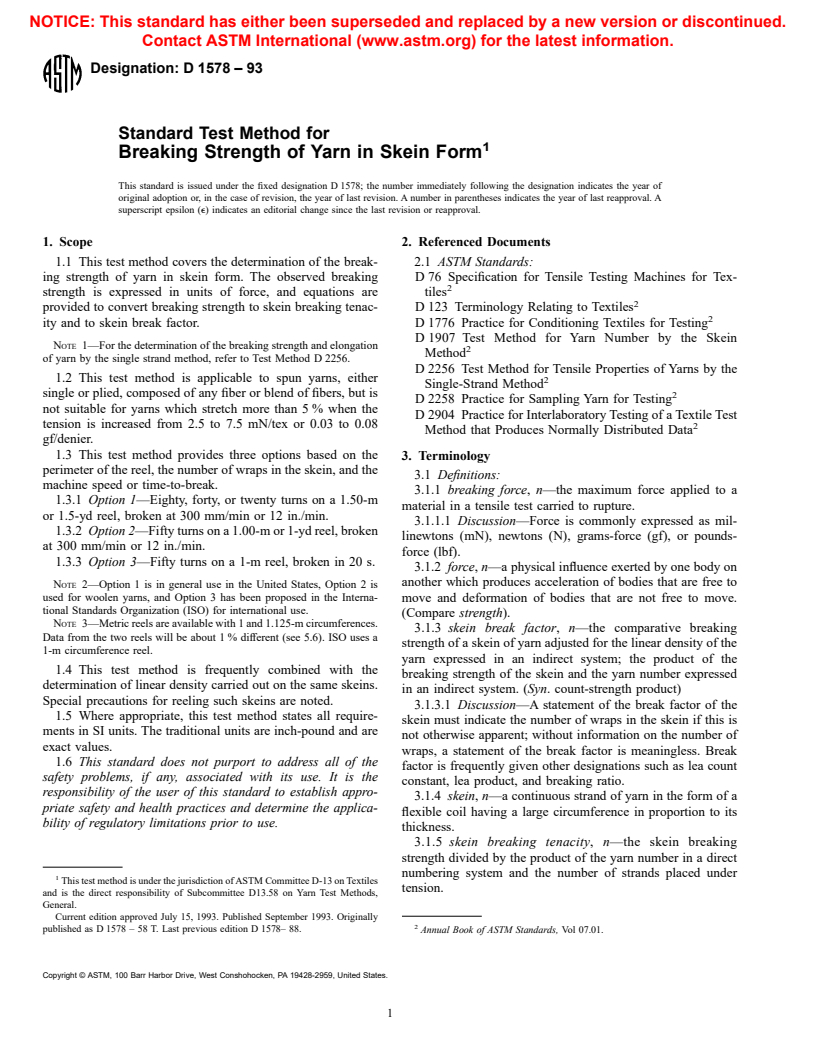 ASTM D1578-93 - Standard Test Method for Breaking Strength of Yarn in Skein Form