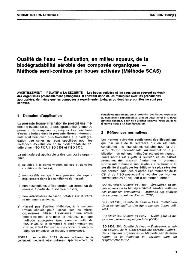ISO 9887:1992 ISO 9887:1992 - Qualité de l'eau -- Évaluation, en milieu aqueux, de la biodégradabilité aérobie des composés organiques -- Méthode semi-continue par boues activées (Méthode SCAS) - Page 3 preview