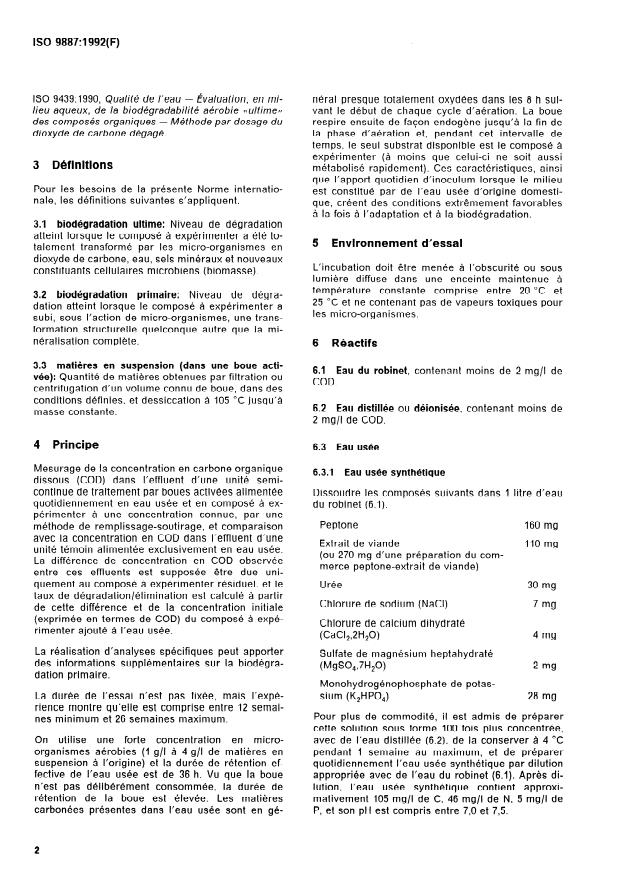 ISO 9887:1992 ISO 9887:1992 - Qualité de l'eau -- Évaluation, en milieu aqueux, de la biodégradabilité aérobie des composés organiques -- Méthode semi-continue par boues activées (Méthode SCAS) - Page 4 preview