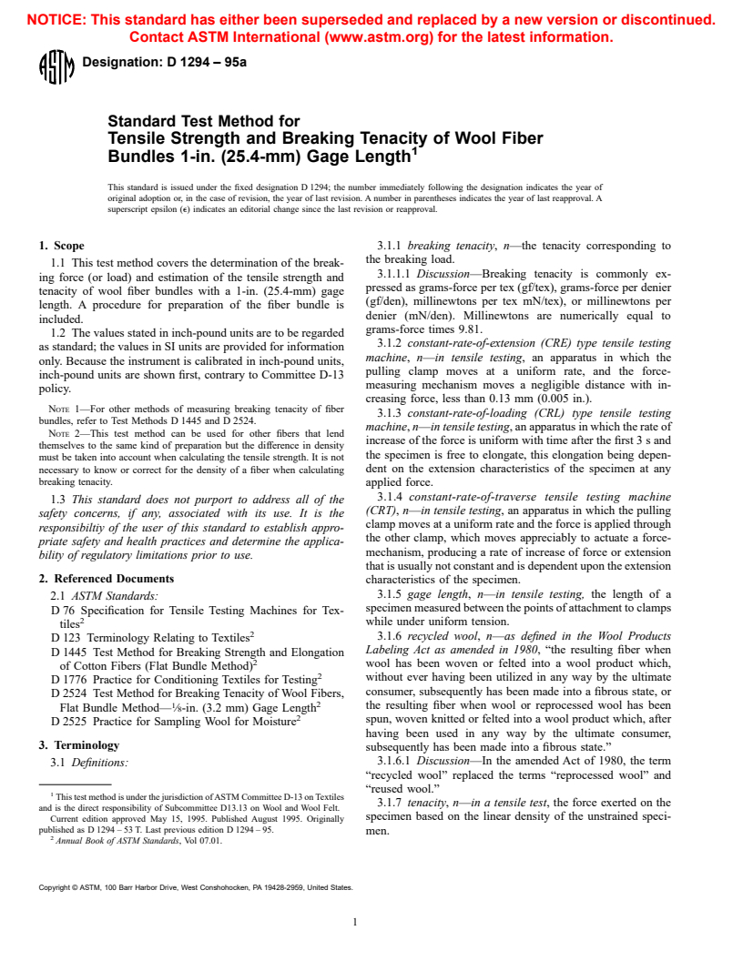 ASTM D1294-95a - Standard Test Method for Tensile Strength and Breaking Tenacity of Wool Fiber Bundles 1-in. (25.4-mm) Gage Length