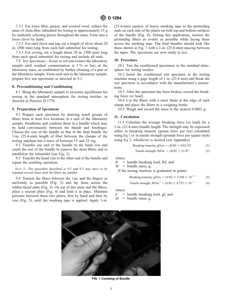 ASTM D1294-95a - Standard Test Method for Tensile Strength and Breaking Tenacity of Wool Fiber Bundles 1-in. (25.4-mm) Gage Length