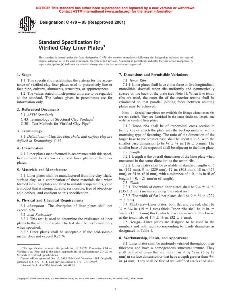 ASTM C479-95(2001) - Standard Specification for Vitrified Clay Liner Plates