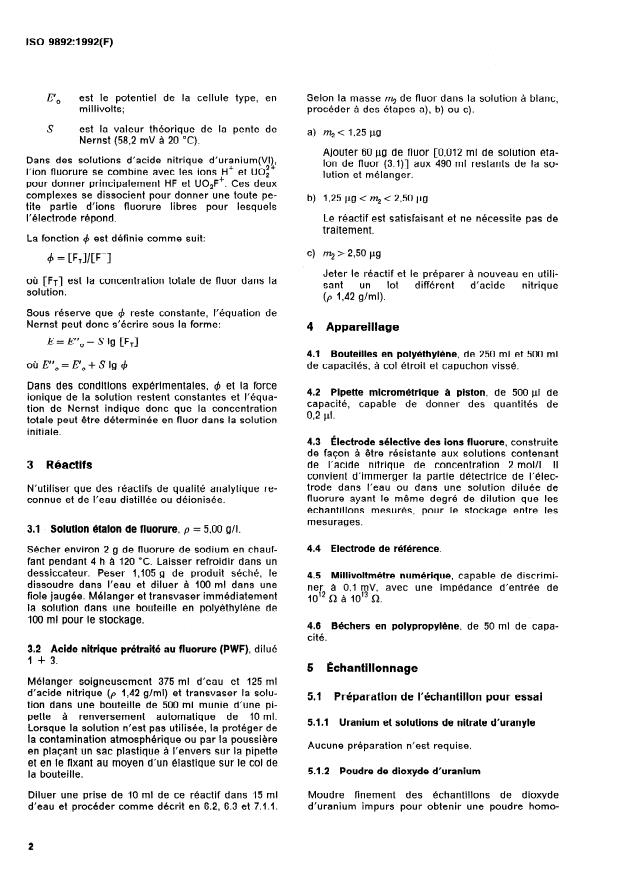 ISO 9892:1992 ISO 9892:1992 - Métal d'uranium, poudre et pastilles frittées de dioxyde d'uranium, et solutions de nitrate d'uranyle -- Détermination de la teneur en fluor -- Méthode de l'électrode sélective des ions fluorure - Page 4 preview