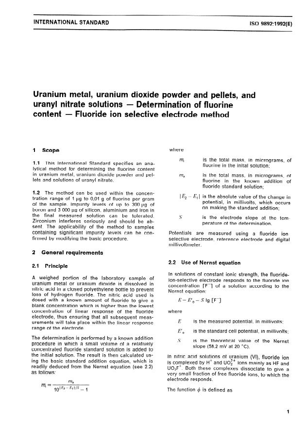 ISO 9892:1992 - Uranium metal, uranium dioxide powder and pellets, and uranyl nitrate solutions -- Determination of fluorine content -- Fluoride ion selective electrode method