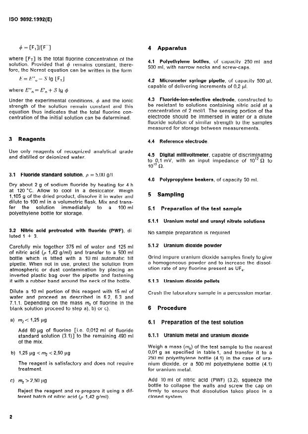 ISO 9892:1992 ISO 9892:1992 - Uranium metal, uranium dioxide powder and pellets, and uranyl nitrate solutions -- Determination of fluorine content -- Fluoride ion selective electrode method - Page 4 preview