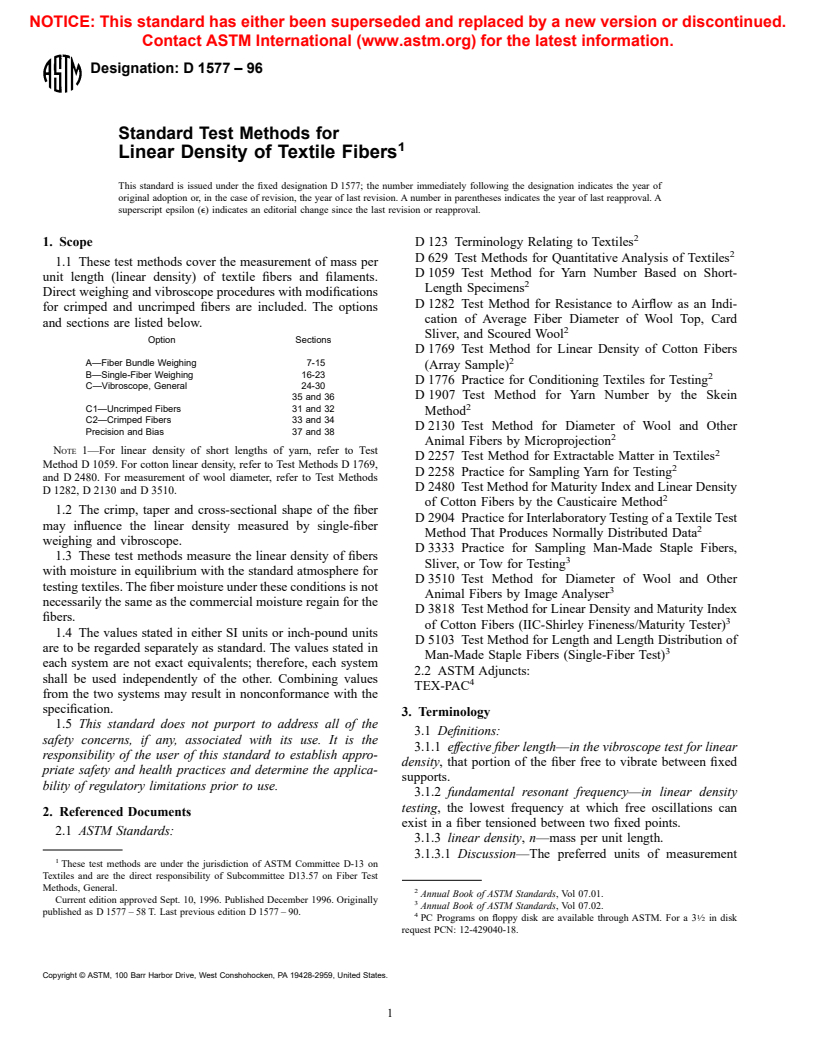 ASTM D1577-96 - Standard Test Methods for Linear Density of Textile Fibers