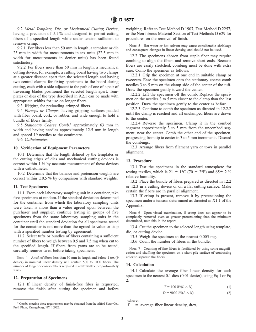 ASTM D1577-96 - Standard Test Methods for Linear Density of Textile Fibers