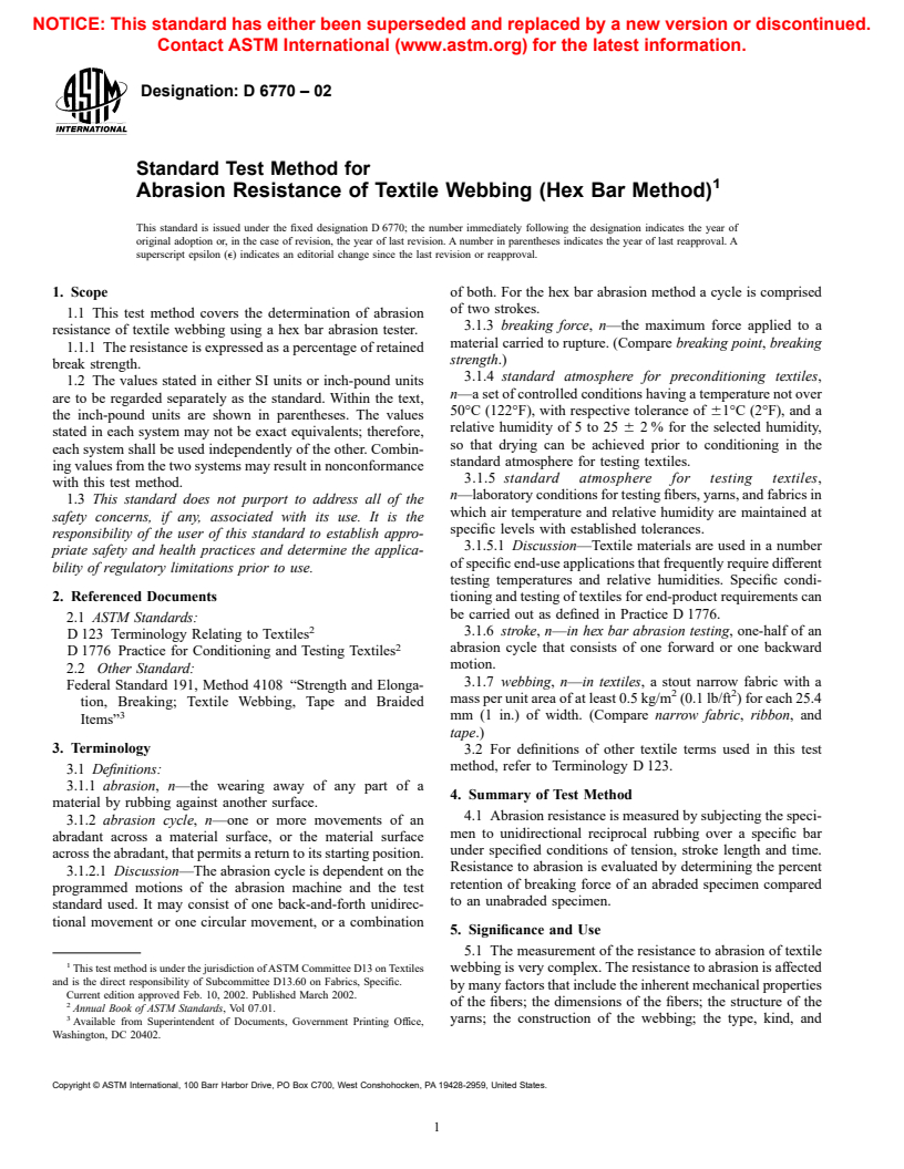 ASTM D6770-02 - Standard Test Method for Abrasion Resistance of Textile Webbing (Hex Bar Method)