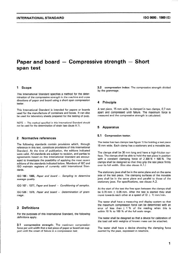 ISO 9895:1989 - Paper and board -- Compressive strength -- Short span test