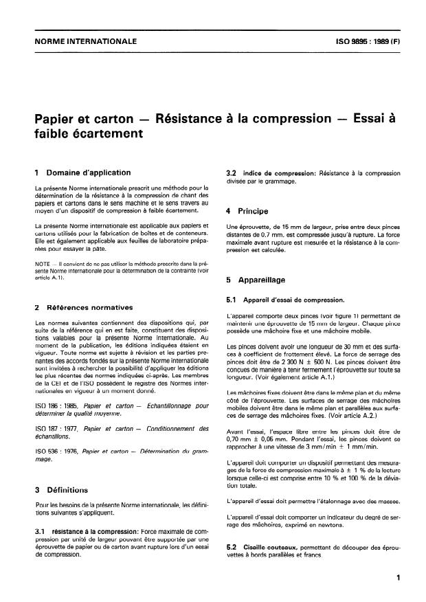 ISO 9895:1989 - Papier et carton -- Résistance a la compression -- Essai a faible écartement