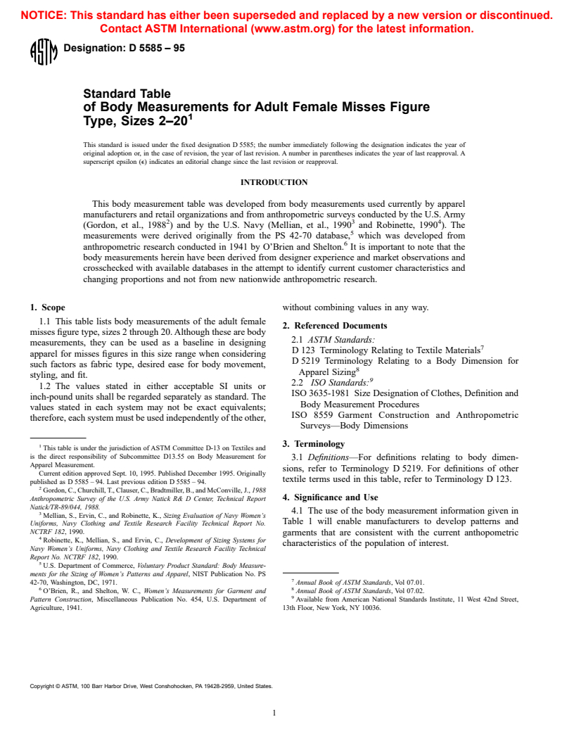 ASTM D5585-95 - Standard Table of Body Measurements for Adult Female Misses Figure Type, Sizes 2-20