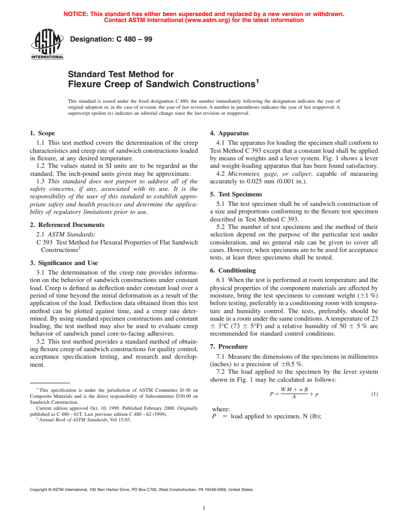 ASTM C480-99 - Standard Test Method for Flexure Creep of Sandwich Constructions