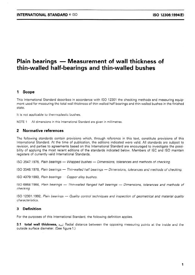 ISO 12306:1994 - Plain bearings -- Measurement of wall thickness of thin-walled half-bearings and thin-walled bushes