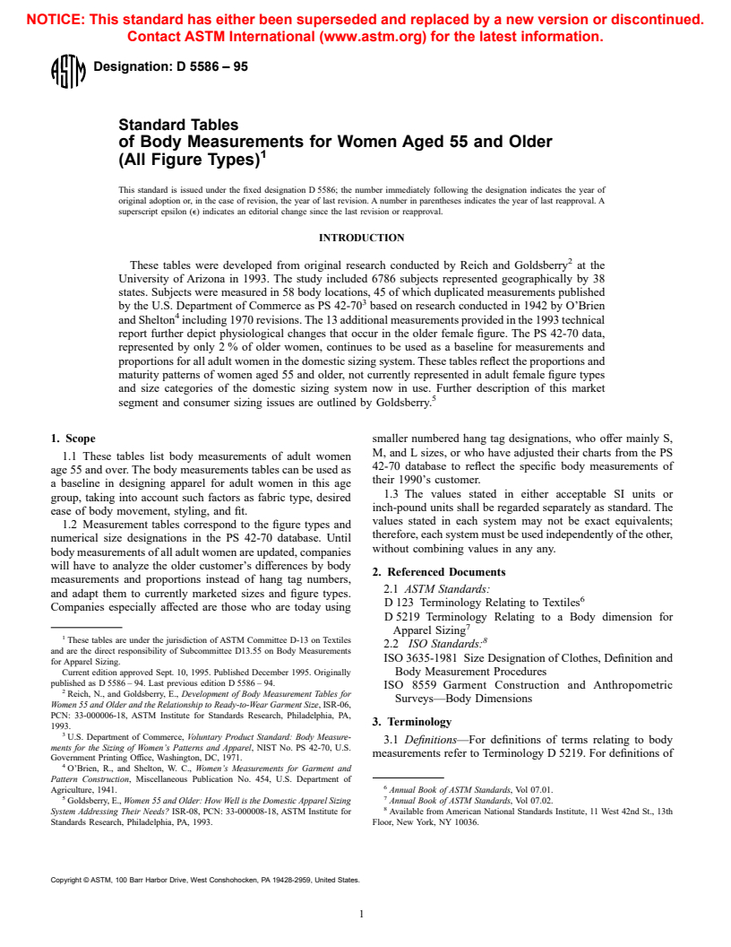 ASTM D5586-95 - Standard Tables of Body Measurements for Women Aged 55 and Older (All Figure Types)