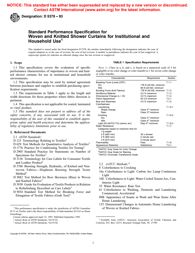 ASTM D5378-93 - Standard Performance Specification for Woven and Knitted Shower Curtains for Institutional and Household Use