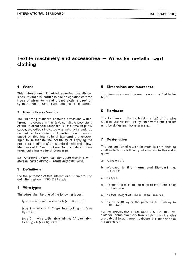 ISO 9903:1991 - Textile machinery and accessories -- Wires for metallic card clothing