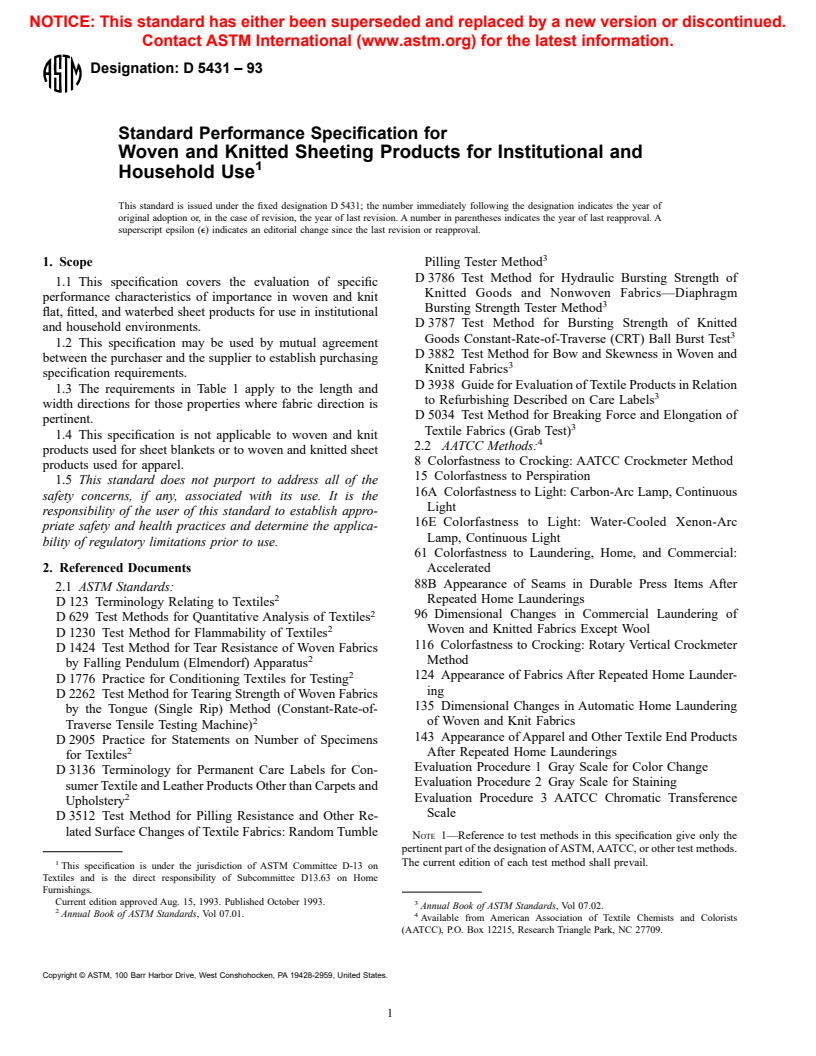 ASTM D5431-93 - Standard Performance Specification for Woven and Knitted Sheeting Products for Institutional and Household Use