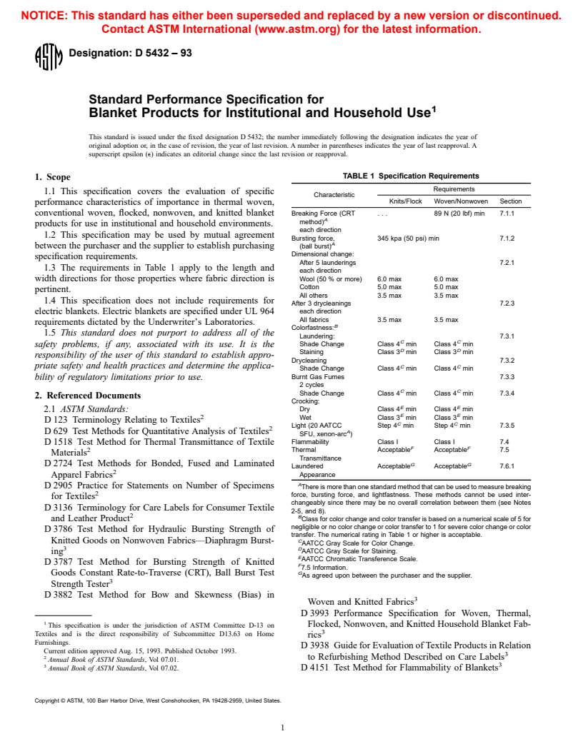 ASTM D5432-93 - Standard Performance Specification for Blanket Products for Institutional and Household Use