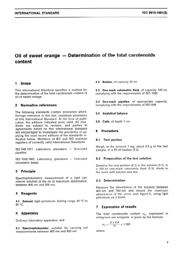 ISO 9910:1991 - Oil of sweet orange -- Determination of the total carotenoids content