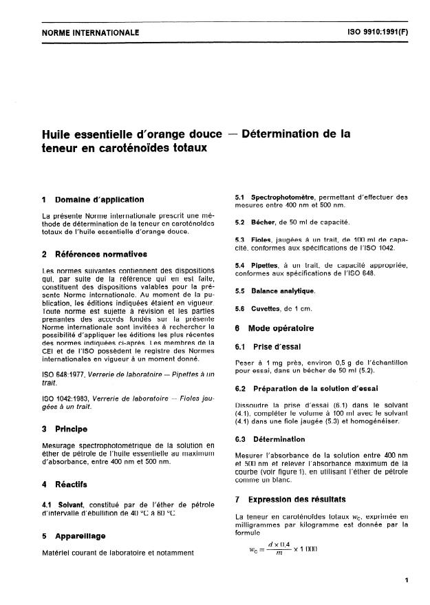 ISO 9910:1991 - Huile essentielle d'orange douce -- Détermination de la teneur en caroténoides totaux