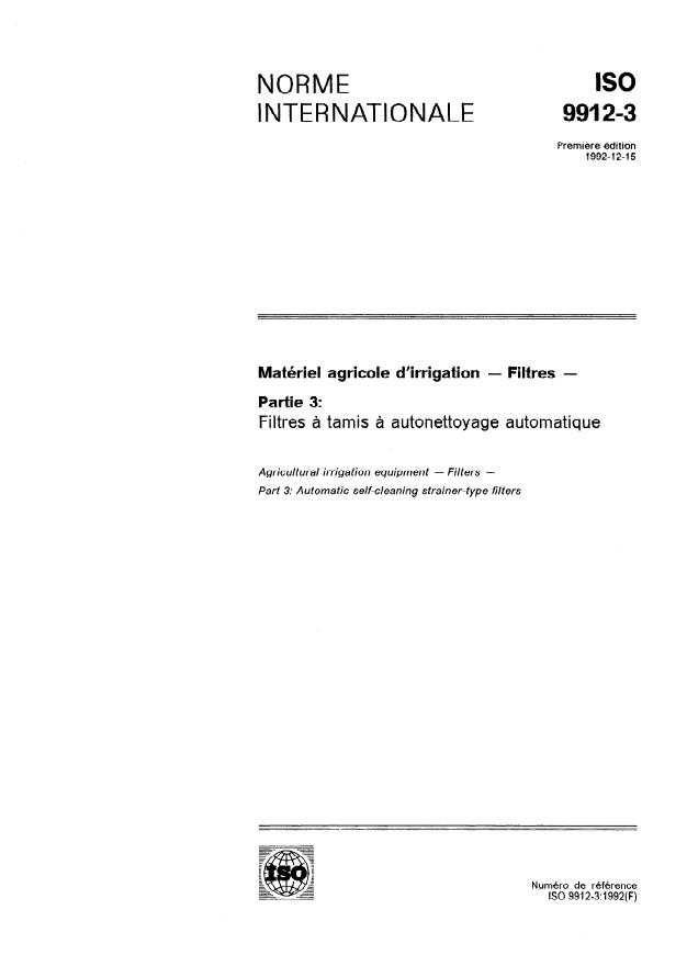 ISO 9912-3:1992 - Matériel agricole d'irrigation -- Filtres