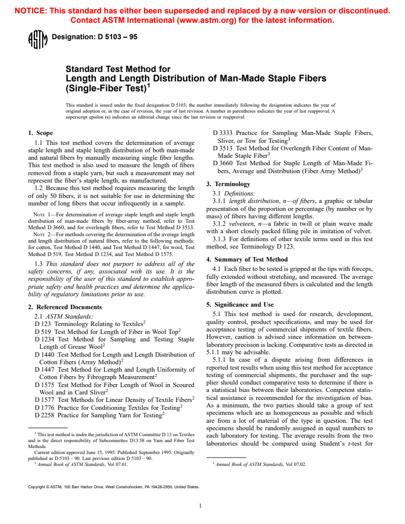 ASTM D5103-95 - Standard Test Method for Length and Length Distribution of Manufactured Staple Fibers (Single-Fiber Test)