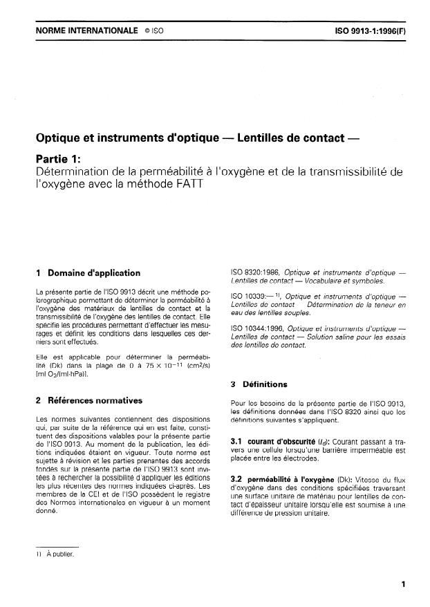 ISO 9913-1:1996 - Optique et instruments d'optique -- Lentilles de contact