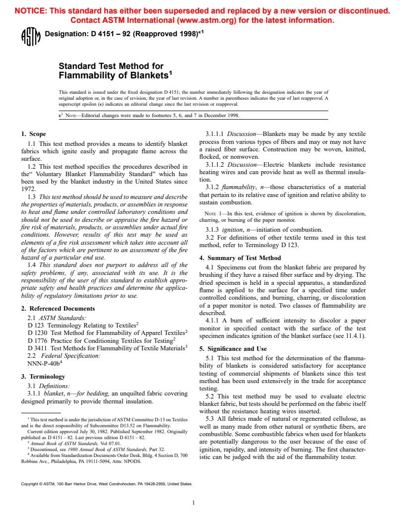 ASTM D4151-92(1998)e1 - Standard Test Method for Flammability of Blankets