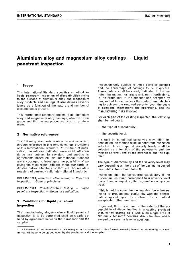 ISO 9916:1991 - Aluminium alloy and magnesium alloy castings -- Liquid penetrant inspection
