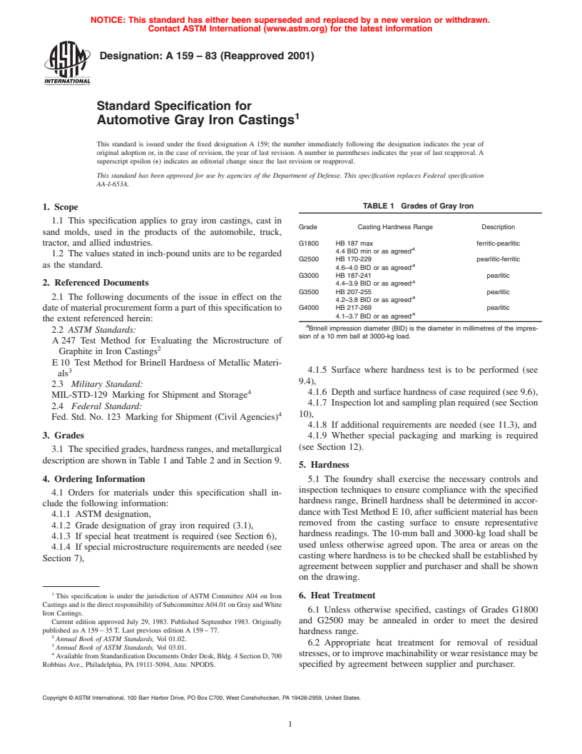 ASTM A159-83(2001) - Standard Specification for Automotive Gray Iron Castings