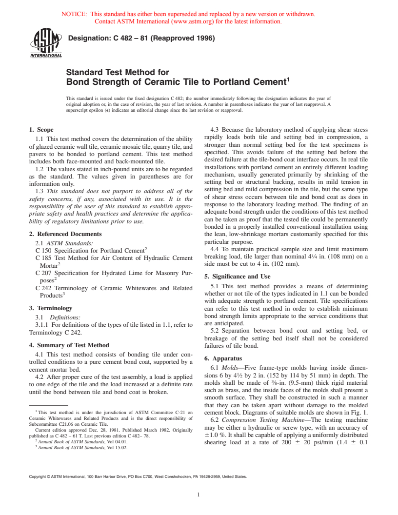 ASTM C482-81(1996) - Standard Test Method for Bond Strength of Ceramic Tile to Portland Cement Paste