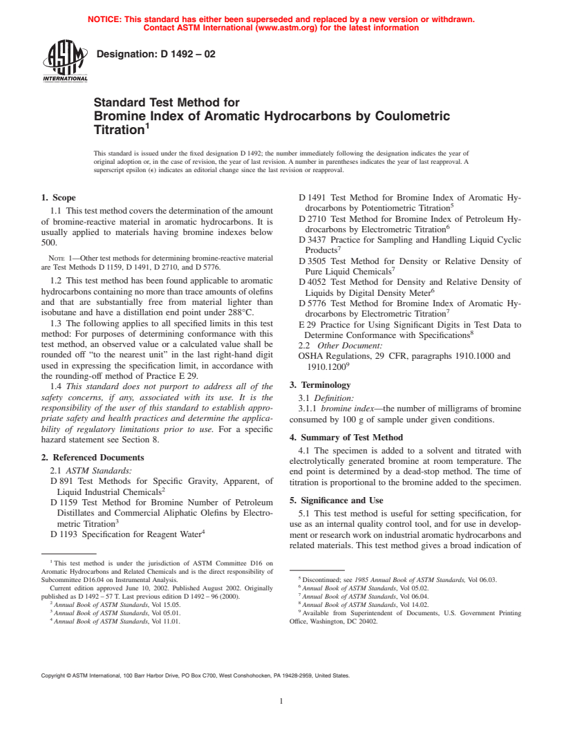 ASTM D1492-02 - Standard Test Method for Bromine Index of Aromatic Hydrocarbons by Coulometric Titration