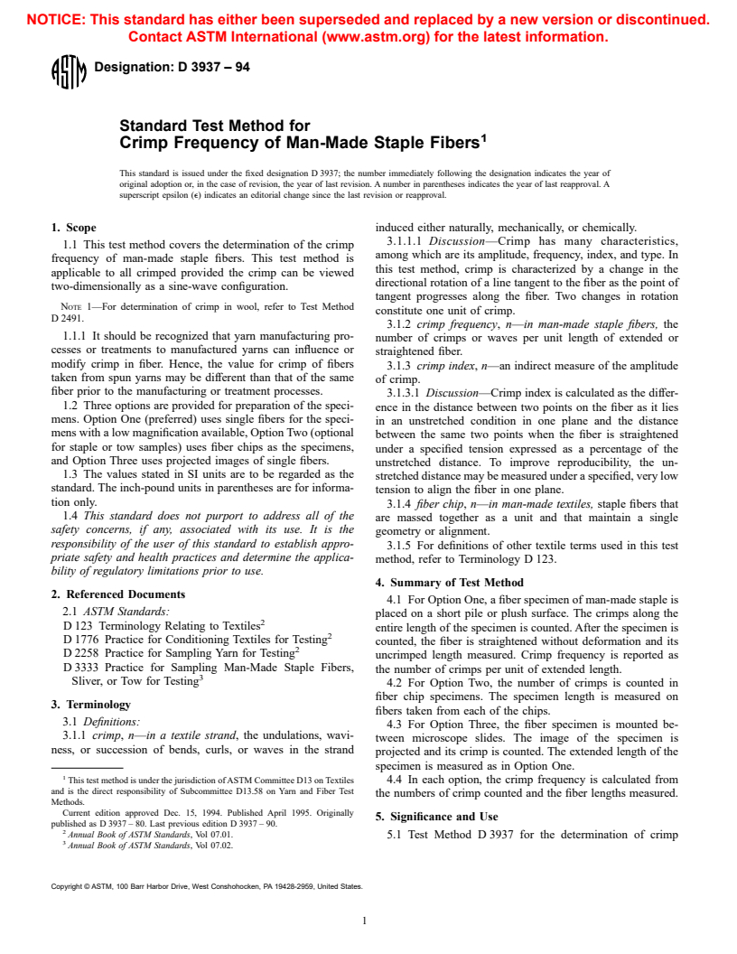 ASTM D3937-94 - Standard Test Method for Crimp Frequency of Manufactured Staple Fibers