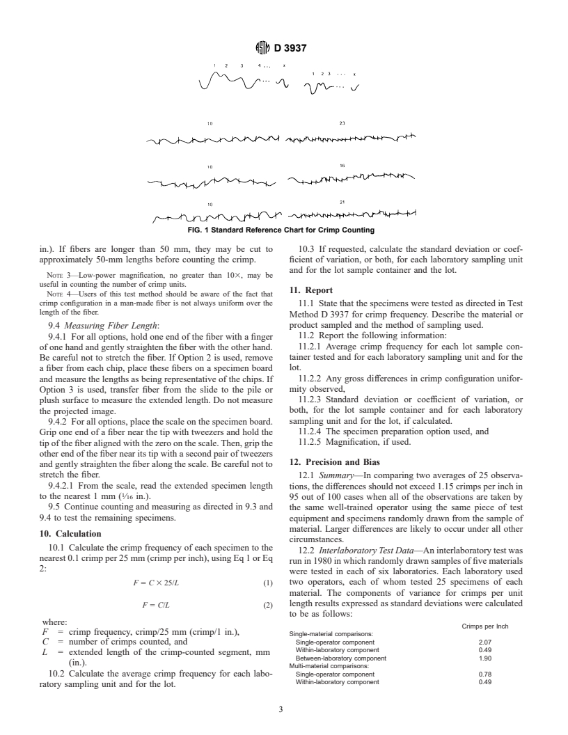 ASTM D3937-94 - Standard Test Method for Crimp Frequency of Manufactured Staple Fibers